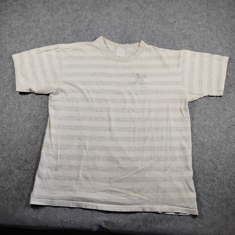Vintage Hooters Oklahoma City Striped T-Shirt Mens XL White Gray Embroidered 90s